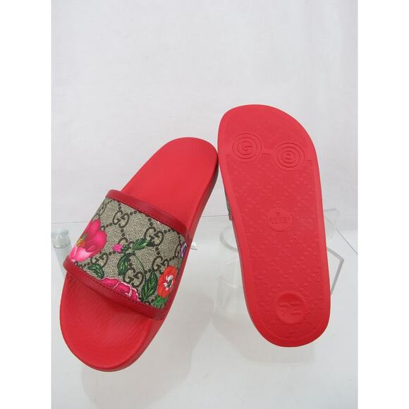 GUCCI 602096 GG SUPREME BLUM RED LEATHER CANVAS FLORAL SANDALS SLIDES 35 US 5 - Picture 9 of 12